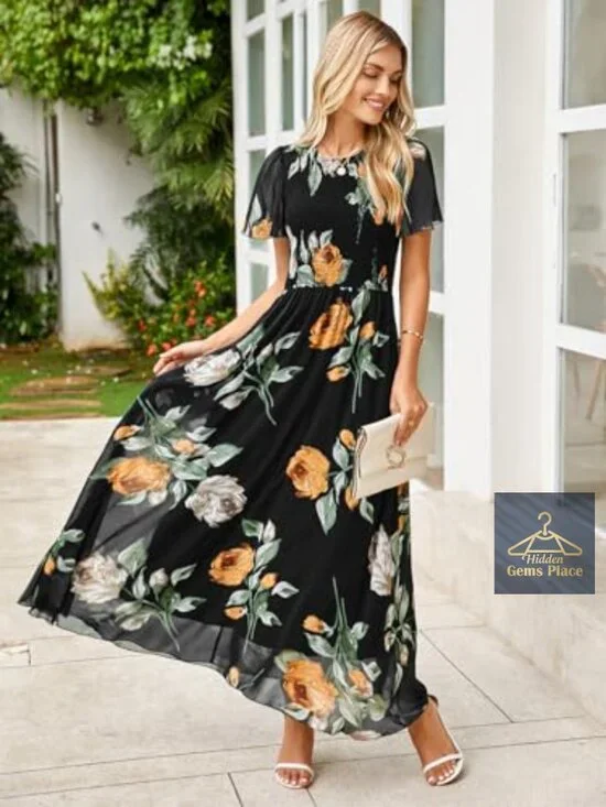 Flowy Chiffon Maxi Dress Smocked Top Flutter Sleeve Summer Boho - Picture 2 of 7